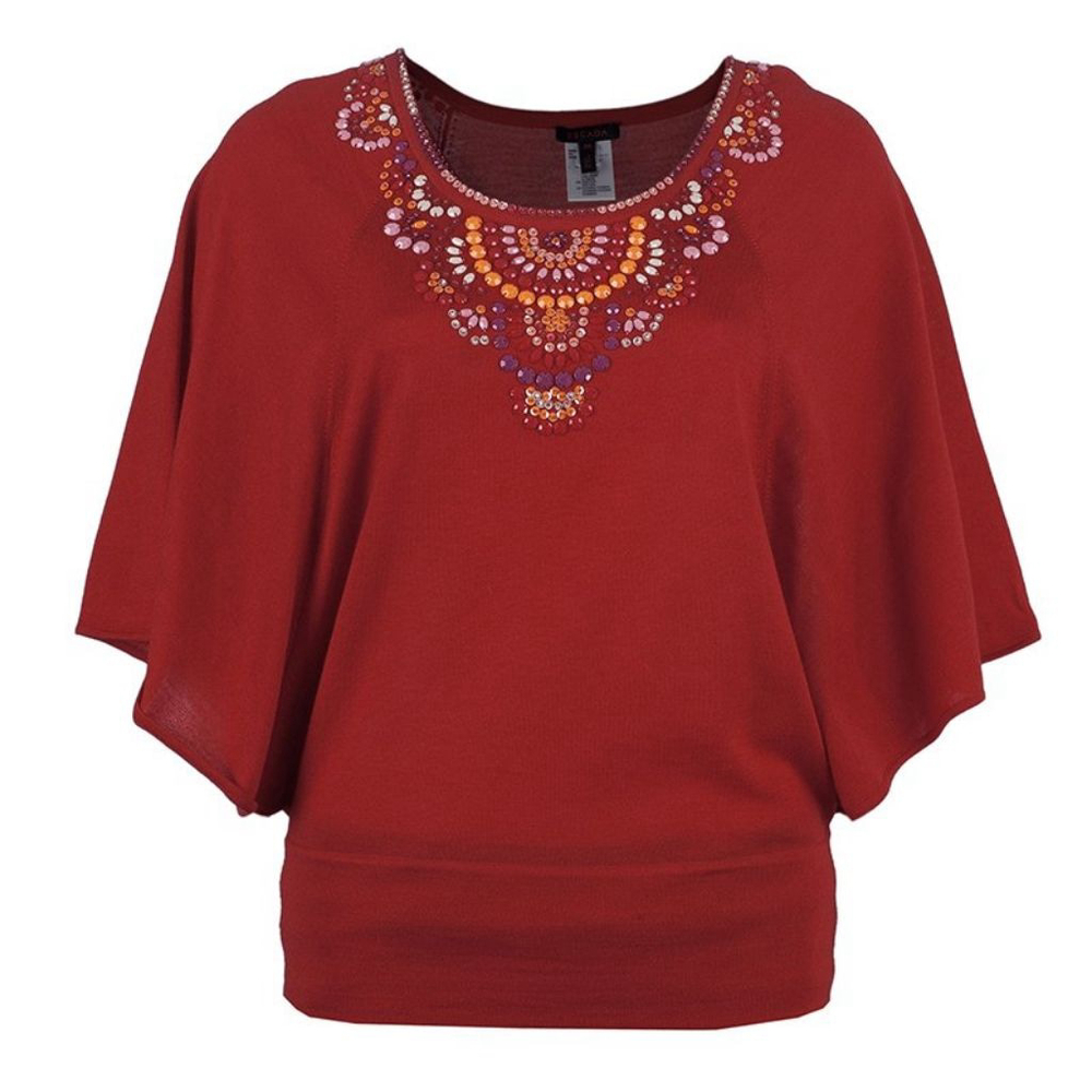 ESCADA Wool Silk Cashmere Red Beaded Crew Neck Kimono Sweater Size 8